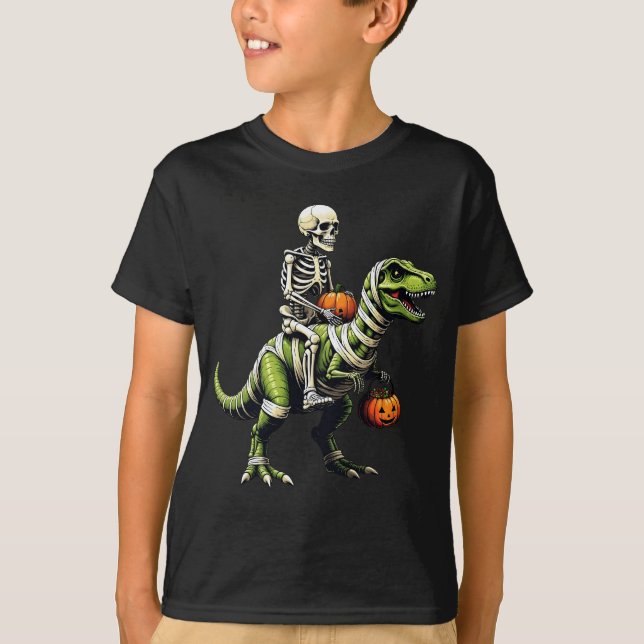 Skeleton Riding Mummy Dinosaur Funny Halloween T-Shirt (Front)