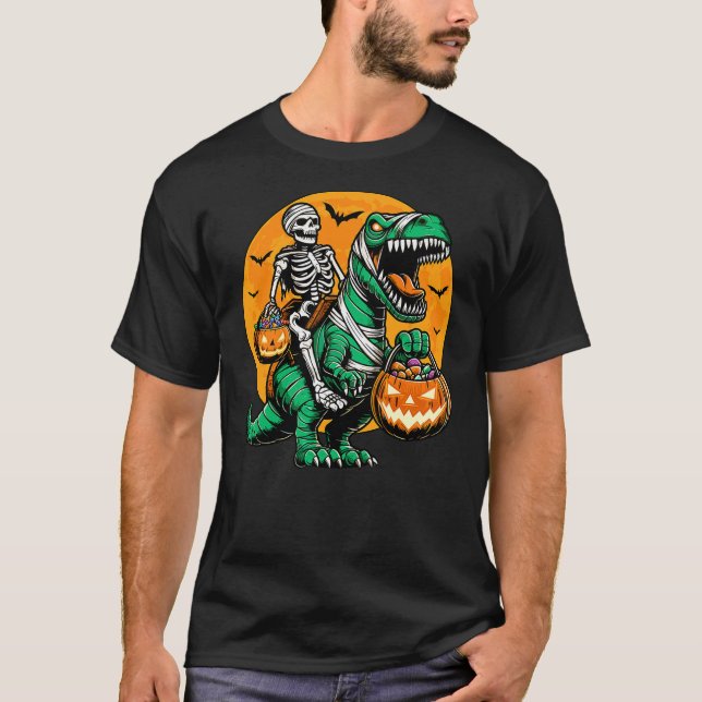 Skeleton Riding Mummy Dinosaur Pumpkin Spooky Trex T-Shirt (Front)