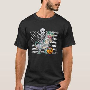 Skeleton Riding Mummy Dinosaur Rex Halloween Kids T-Shirt