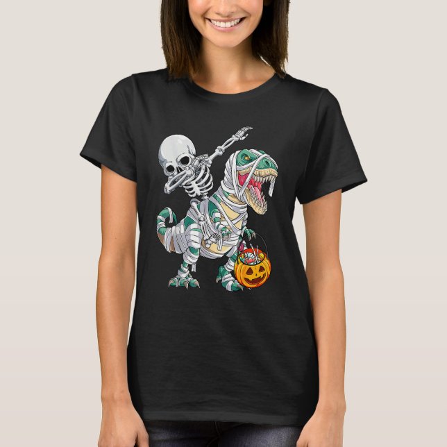 Skeleton Riding Mummy Dinosaur Rex Halloween  Pump T-Shirt (Front)