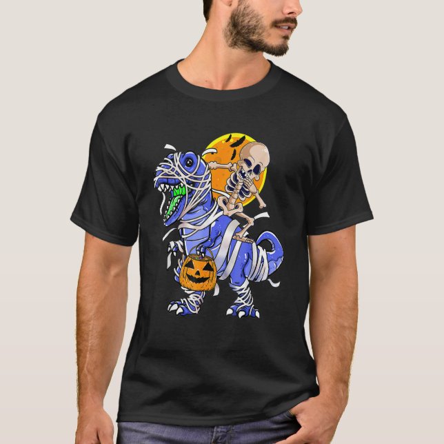 Skeleton Riding Mummy Dinosaur rex Halloween  Pump T-Shirt (Front)
