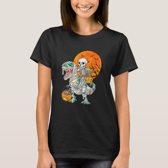 Skeleton Riding Mummy Dinosaur Rex Halloween  Pump T-Shirt (Front)