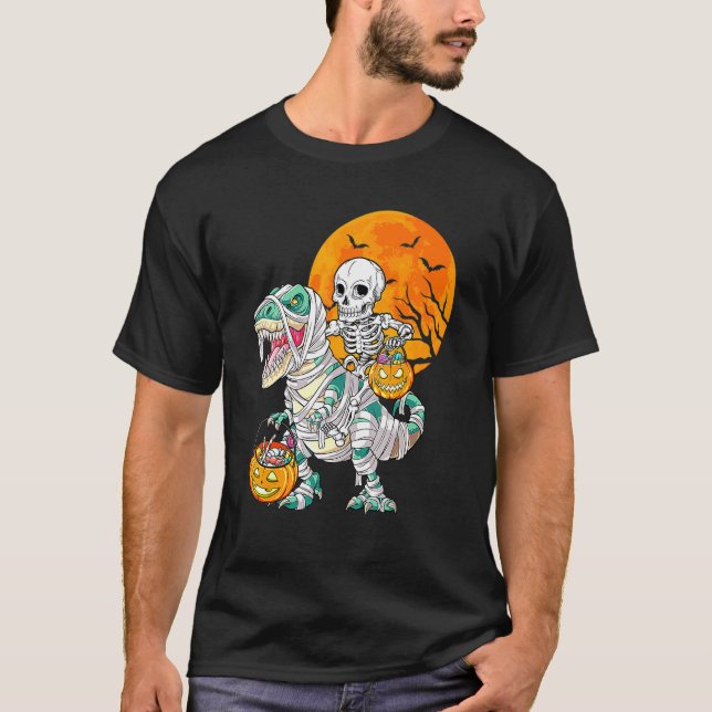 Skeleton Riding Mummy Dinosaur Rex Halloween  Pump T-Shirt (Front)