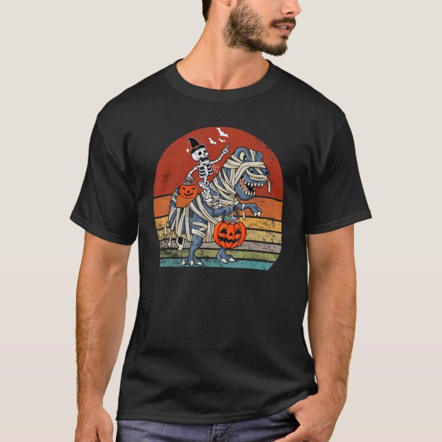 skeleton riding mummy dinosaur rex halloween  pump T-Shirt (Front)