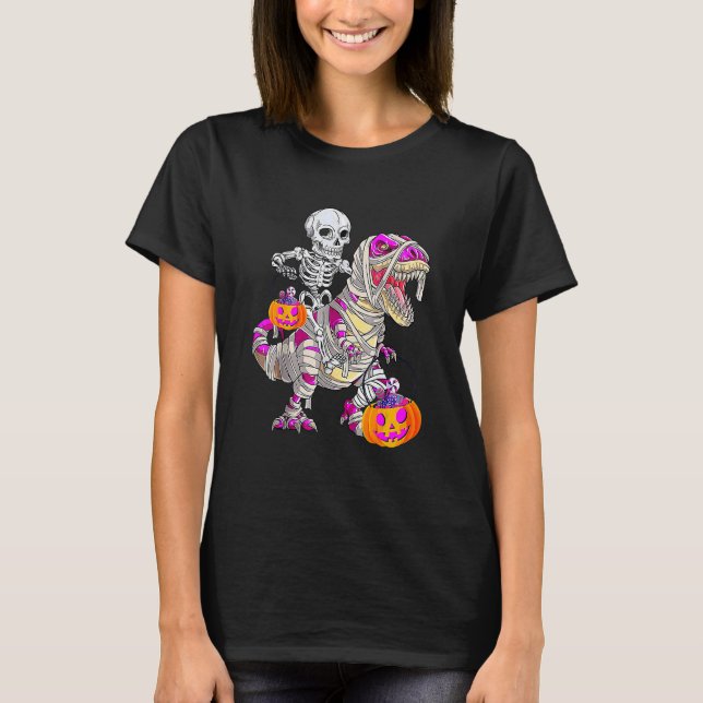 Skeleton Riding Mummy Dinosaur Rex Halloween  Pump T-Shirt (Front)