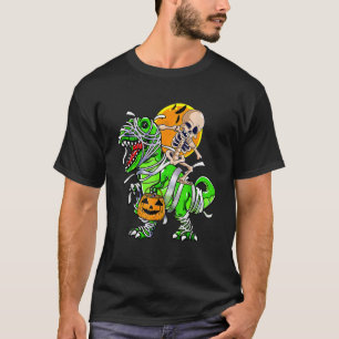Skeleton Riding Mummy Dinosaur rex Halloween Pump T-Shirt