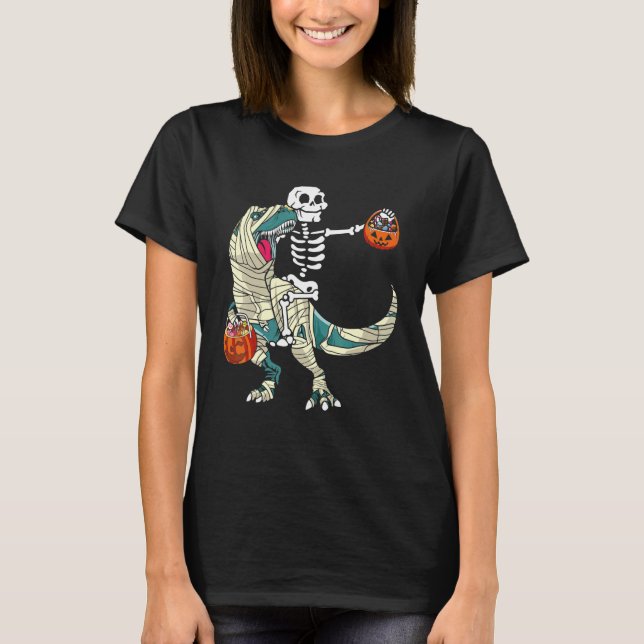 Skeleton Riding Mummy Dinosaur rex Halloween  Pump T-Shirt (Front)