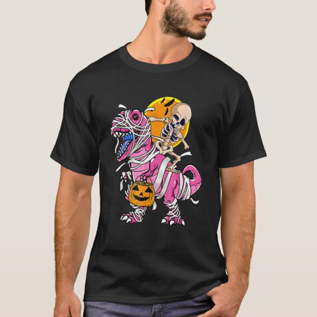 Skeleton Riding Mummy Dinosaur rex Halloween  Pump T-Shirt (Front)