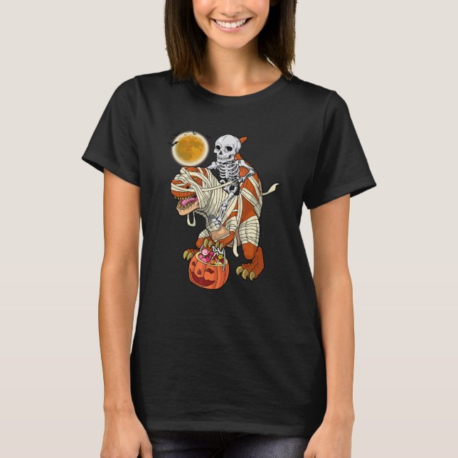 Skeleton Riding Mummy Dinosaur rex Halloween  Pump T-Shirt (Front)