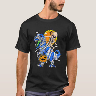 Skeleton Riding Mummy Dinosaur rex Halloween Pumpk T-Shirt