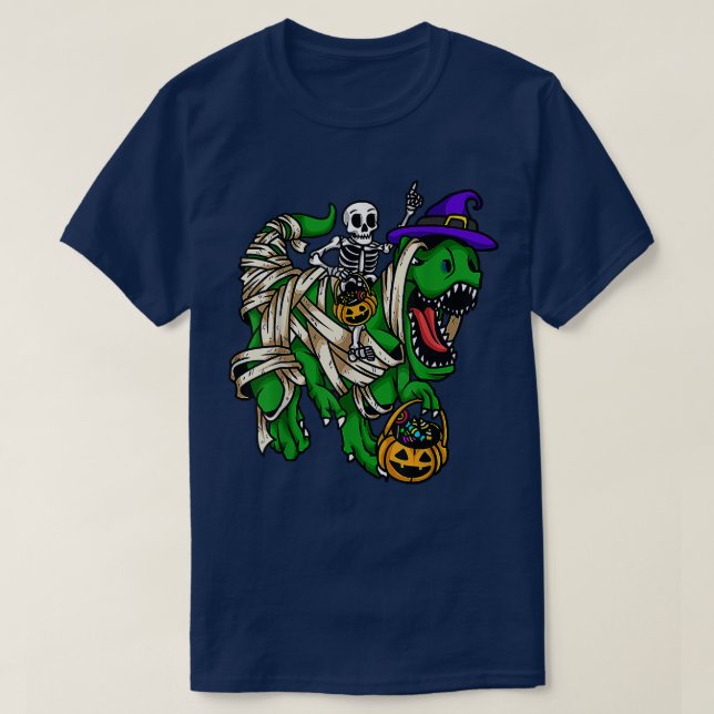 Skeleton Riding Mummy Dinosaur T Re Halloween Funn T-Shirt (Design Front)