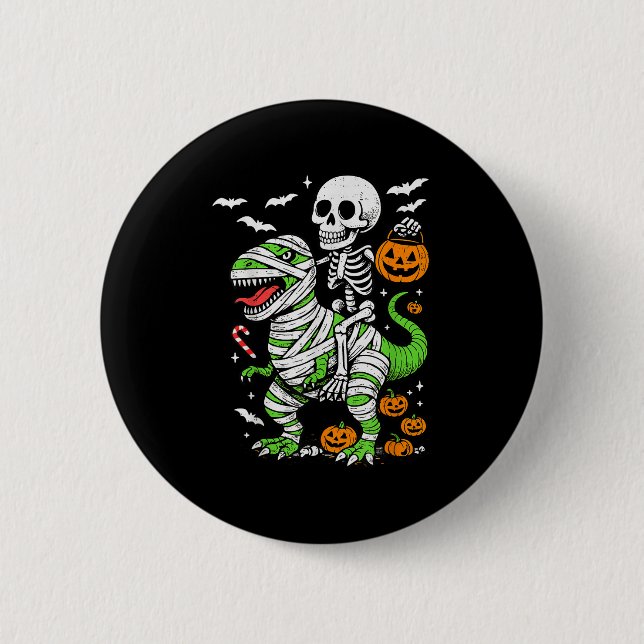 Skeleton Riding Mummy Dinosaur T Rex Halloween Boy 2 Inch Round Button (Front)