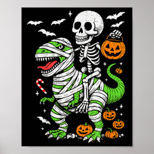 Skeleton Riding Mummy Dinosaur T Rex Halloween Boy Poster
