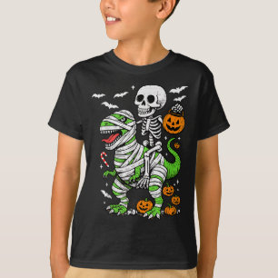 Skeleton Riding Mummy Dinosaur T Rex Halloween Boy T-Shirt