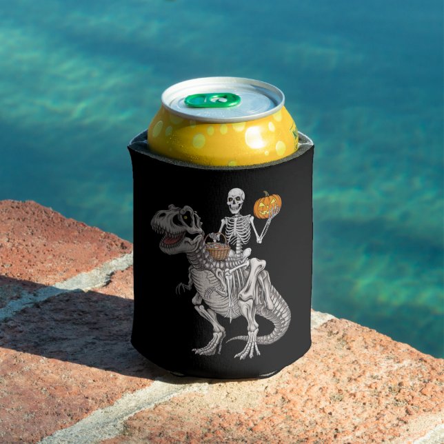 Skeleton Riding Mummy Dinosaur T rex Halloween  Can Cooler (In Situ Pool)