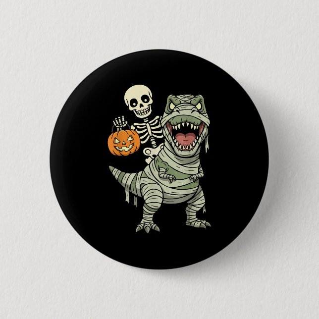 Skeleton Riding Mummy Dinosaur T Rex Halloween Fun 2 Inch Round Button (Front)