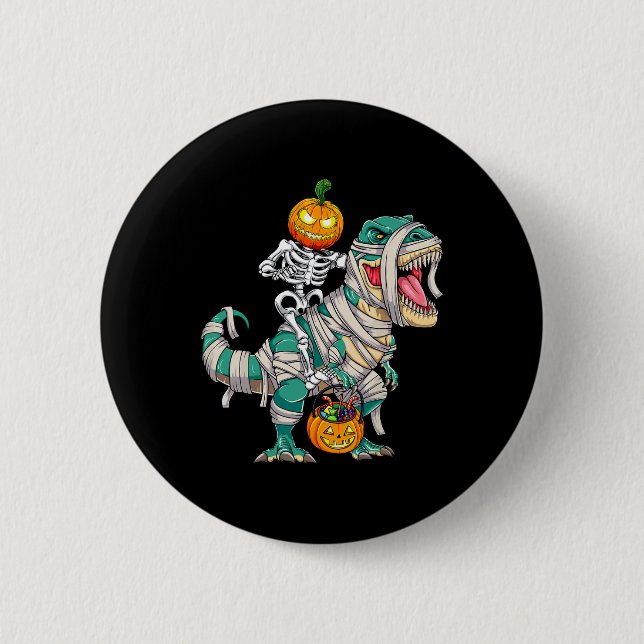 Skeleton Riding Mummy Dinosaur T rex Halloween Fun 2 Inch Round Button (Front)