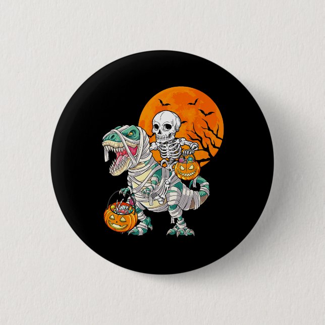 Skeleton Riding Mummy Dinosaur T Rex Halloween Fun 2 Inch Round Button (Front)