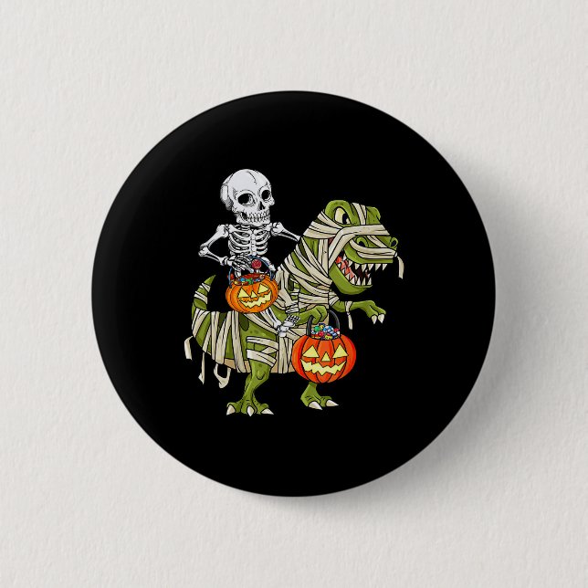 Skeleton Riding Mummy Dinosaur T rex Halloween Fun 2 Inch Round Button (Front)
