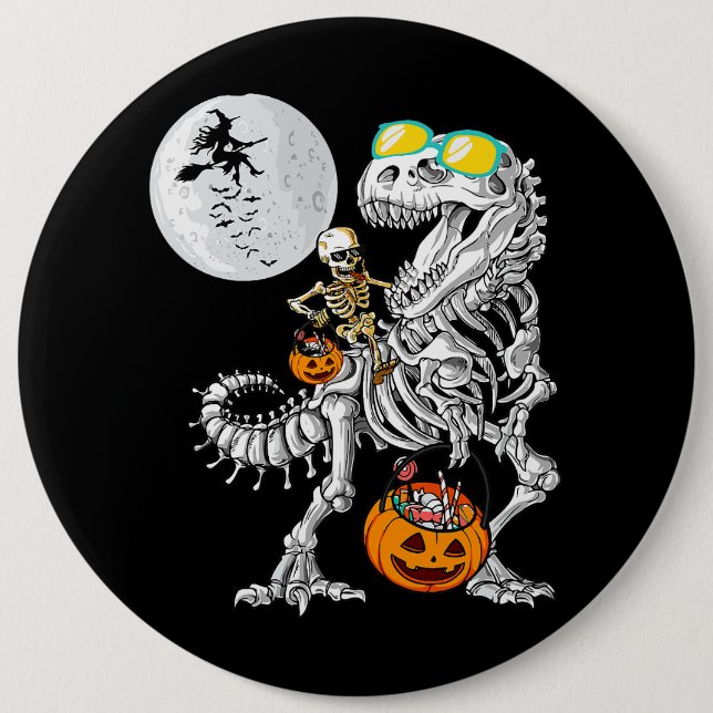 Skeleton Riding Mummy Dinosaur T Rex Halloween Fun 6 Inch Round Button (Front)