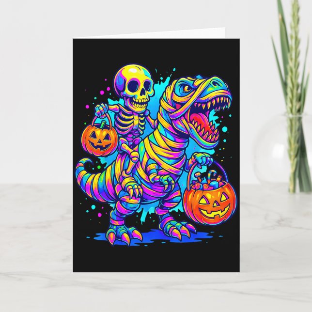 Skeleton Riding Mummy Dinosaur T Rex Halloween Fun Card (Front)