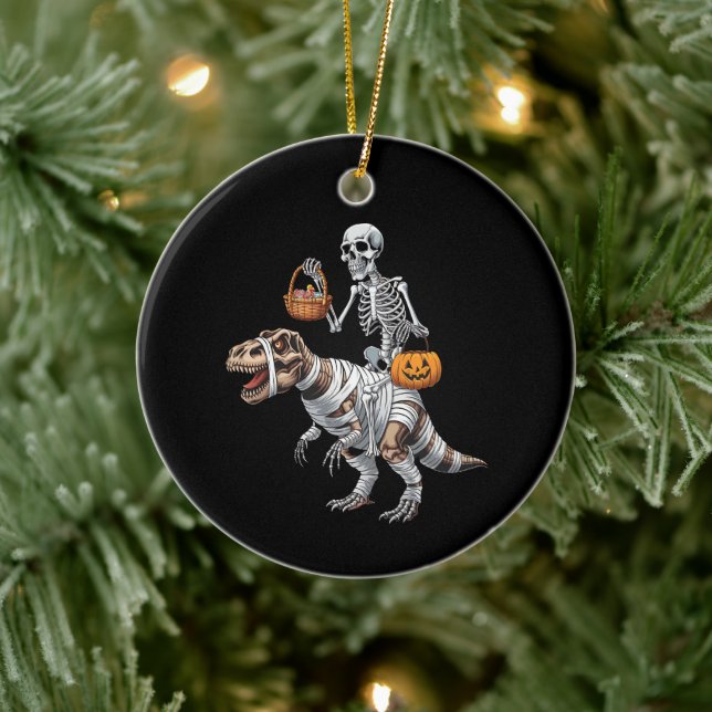 Skeleton Riding Mummy Dinosaur T rex Halloween Fun Ceramic Ornament (Tree)