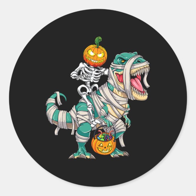 Skeleton Riding Mummy Dinosaur T rex Halloween Fun Classic Round Sticker (Front)