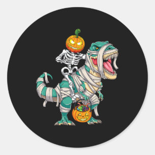 Skeleton Riding Mummy Dinosaur T rex Halloween Fun Classic Round Sticker