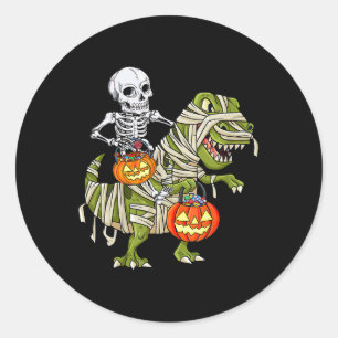 Skeleton Riding Mummy Dinosaur T Rex Halloween Fun Classic Round Sticker