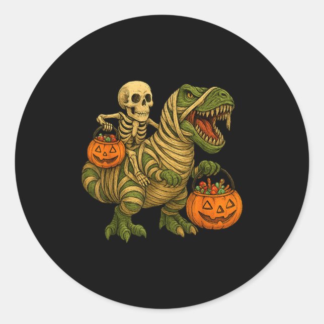 Skeleton Riding Mummy Dinosaur T Rex Halloween Fun Classic Round Sticker (Front)