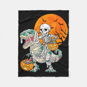 Skeleton Riding Mummy Dinosaur T Rex Halloween Fun Fleece Blanket
