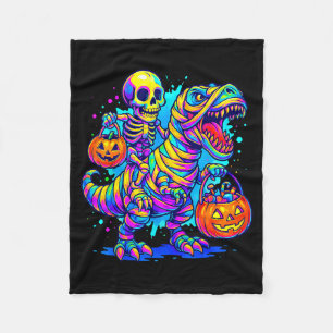 Skeleton Riding Mummy Dinosaur T Rex Halloween Fun Fleece Blanket