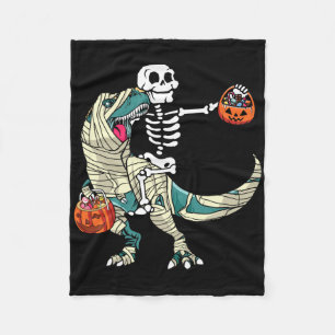 Skeleton Riding Mummy Dinosaur T Rex Halloween Fun Fleece Blanket