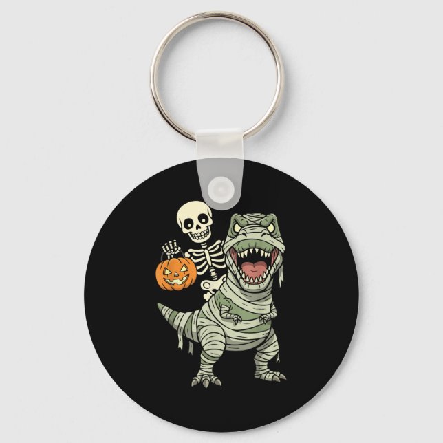 Skeleton Riding Mummy Dinosaur T Rex Halloween Fun Keychain (Front)