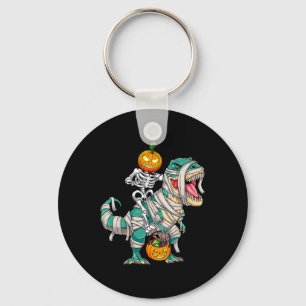 Skeleton Riding Mummy Dinosaur T Rex Halloween Fun Keychain