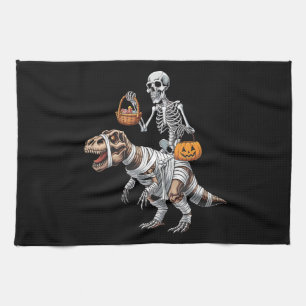 Skeleton Riding Mummy Dinosaur T rex Halloween Fun Kitchen Towel