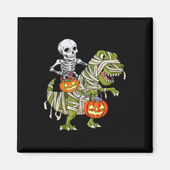 Skeleton Riding Mummy Dinosaur T Rex Halloween Fun Magnet (Front)