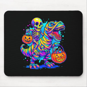 Skeleton Riding Mummy Dinosaur T Rex Halloween Fun Mouse Pad