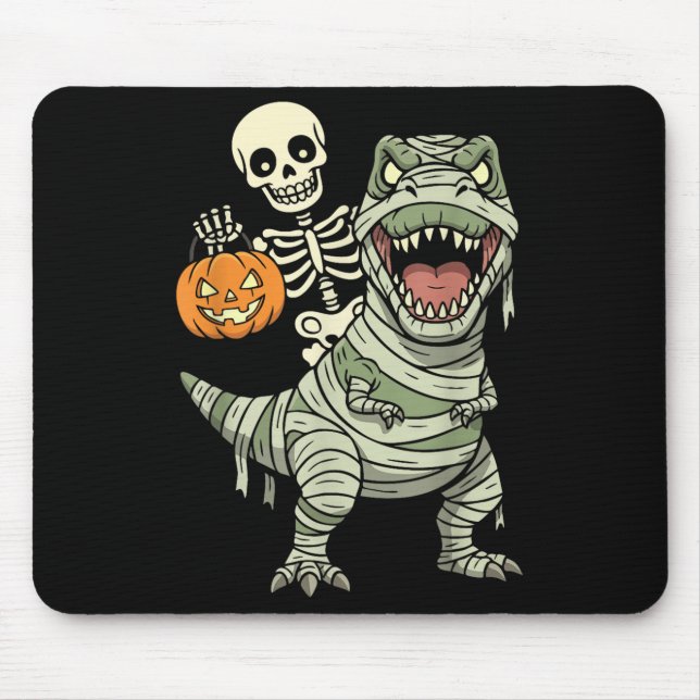 Skeleton Riding Mummy Dinosaur T Rex Halloween Fun Mouse Pad (Front)