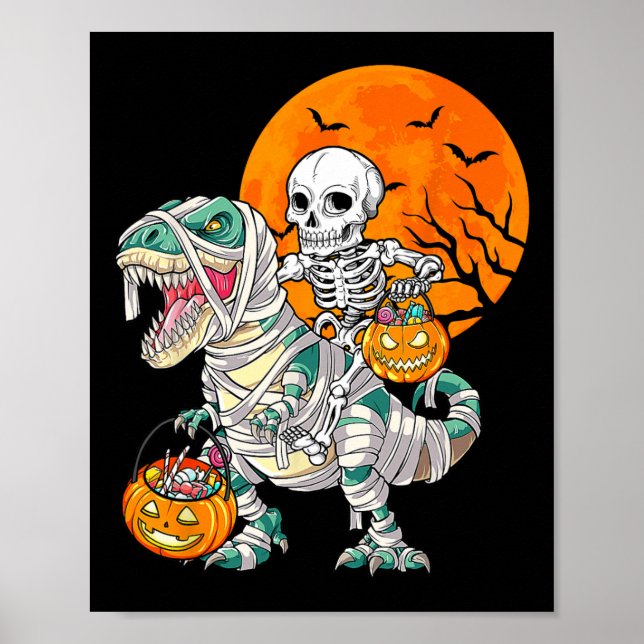 Skeleton Riding Mummy Dinosaur T Rex Halloween Fun Poster (Front)