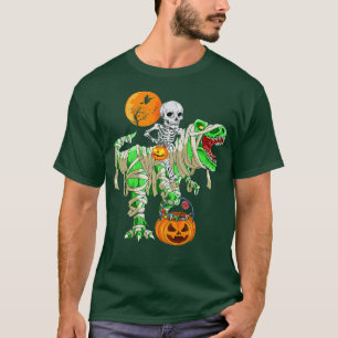 Skeleton Riding Mummy Dinosaur T rex Halloween Fun T-Shirt