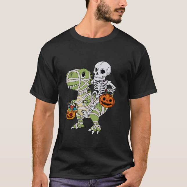 Skeleton Riding Mummy Dinosaur T Rex Halloween Fun T-Shirt (Front)