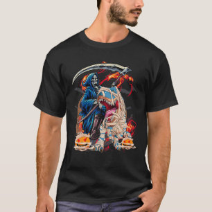 Skeleton Riding Mummy Dinosaur T Rex Halloween Fun T-Shirt