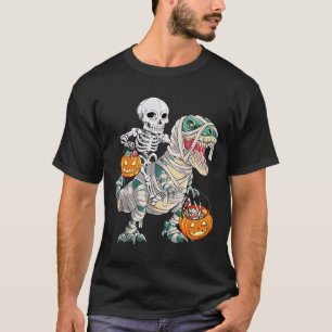 Skeleton Riding Mummy Dinosaur T rex Halloween Fun T-Shirt