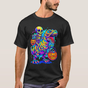 Skeleton Riding Mummy Dinosaur T Rex Halloween Fun T-Shirt