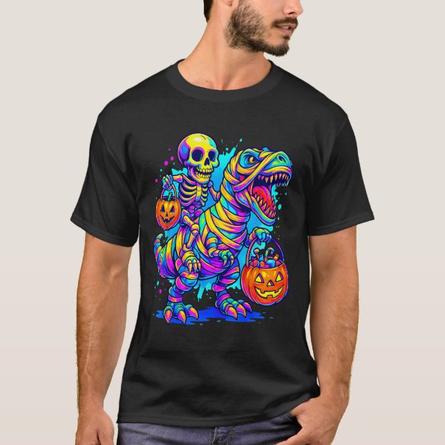 Skeleton Riding Mummy Dinosaur T Rex Halloween Fun T-Shirt (Front)