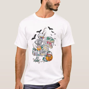 Skeleton Riding Mummy Dinosaur T Rex Halloween Fun T-Shirt