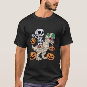 Skeleton Riding Mummy Dinosaur T rex Halloween Fun T-Shirt