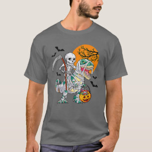 Skeleton Riding Mummy Dinosaur T Rex Halloween Fun T-Shirt