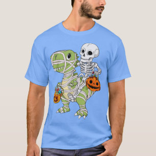 Skeleton Riding Mummy Dinosaur T rex Halloween Fun T-Shirt